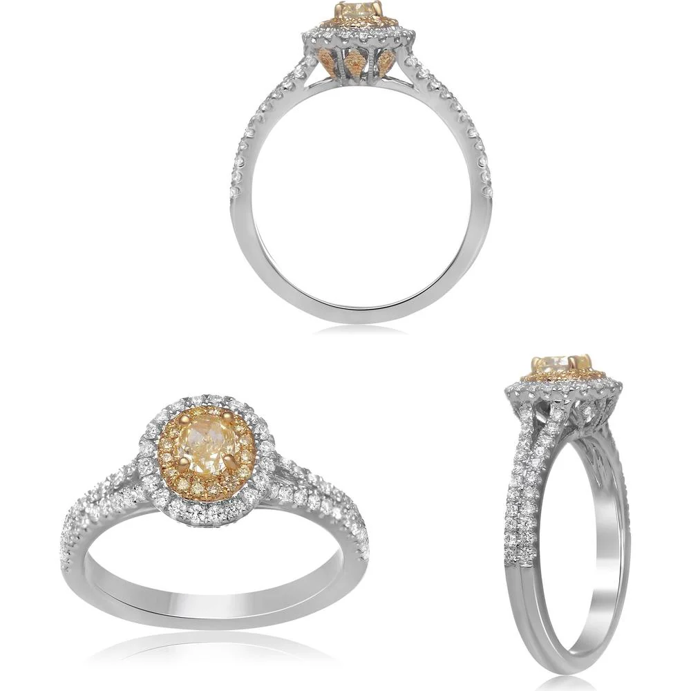 Roman & Jules - 18K White and Yellow Gold Oval Split Shank Diamond Ring with Fancy Yellow Round and Oval Diamonds - 1.10 Carat Total Diamond Weight