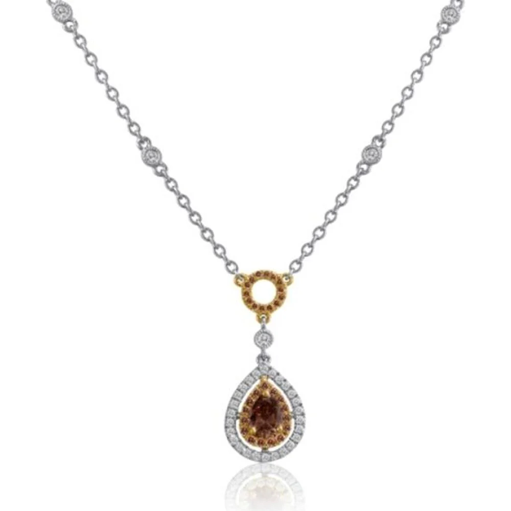 Roman & Jules - 18K White and Yellow Gold Pear Shape Champagne Diamond Necklace with Round Diamond Halo - 0.98 Carat Total Diamond Weight