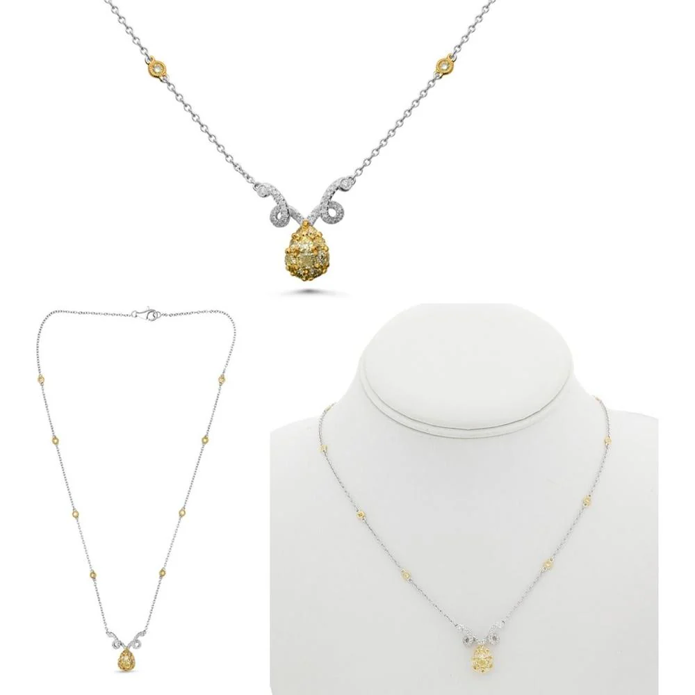 Roman & Jules - 18K White and Yellow Gold Pear Shape Fancy Yellow Diamond Necklace with Cluster Design - 1.28 Carat Total Diamond Weight