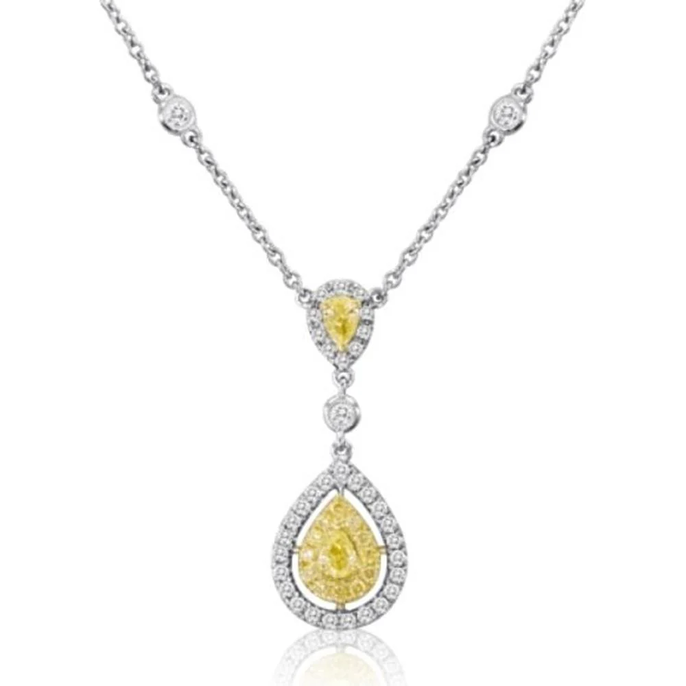 Roman & Jules - 18K White and Yellow Gold Pear Shape Fancy Yellow Diamond Necklace with Round Diamonds - 0.55 Carat Total Diamond Weight