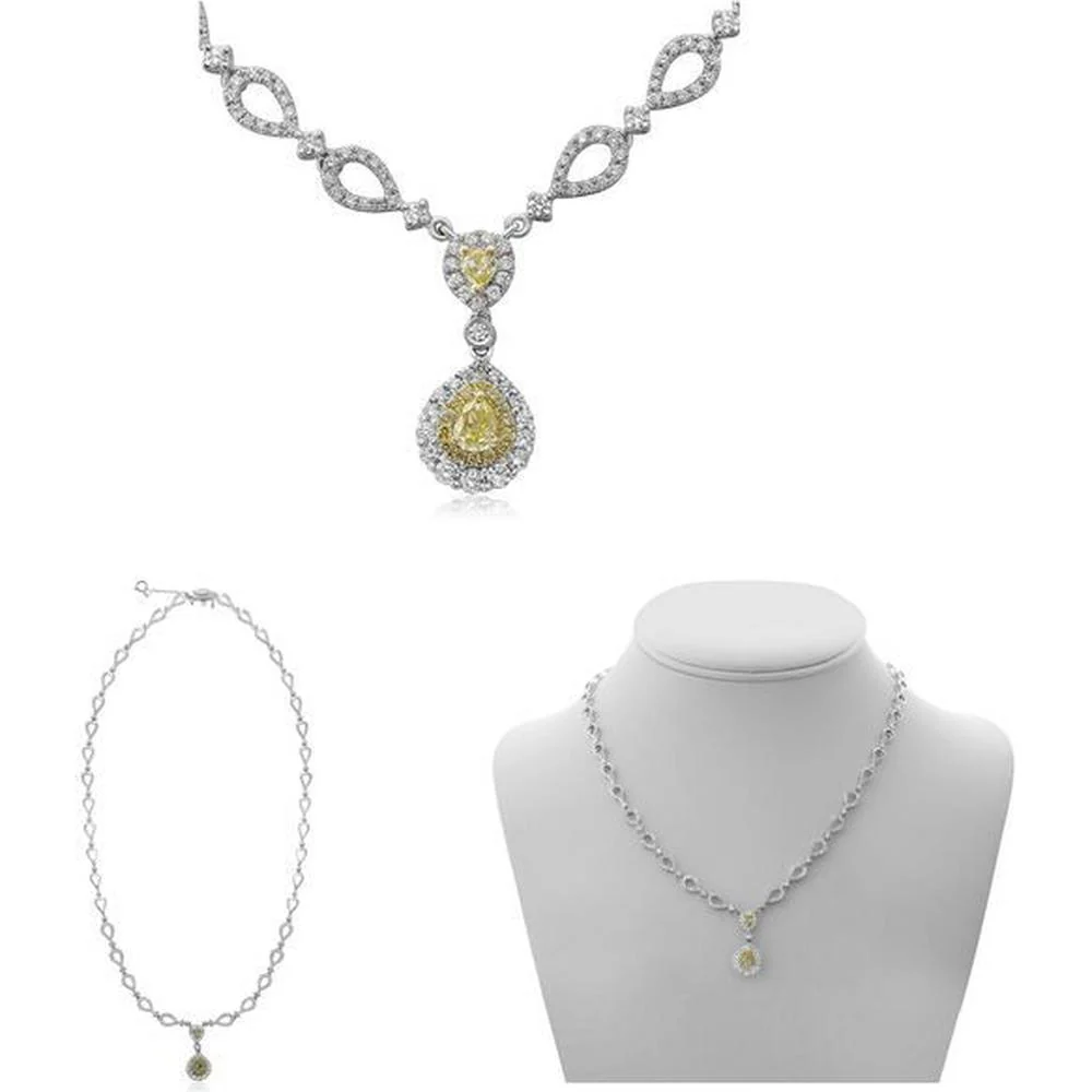 Roman & Jules - 18K White and Yellow Gold Pear Shape Fancy Yellow Diamond Necklace with Round Diamonds - 0.60 Carat Total Diamond Weight