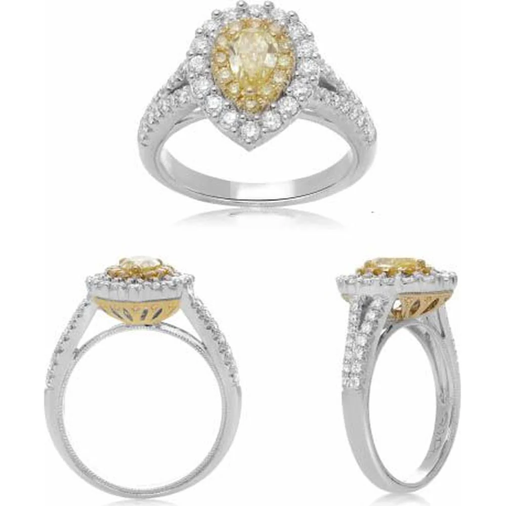 Roman & Jules - 18K White and Yellow Gold Pear Shape Fancy Yellow Diamond Ring with Halo of Round Diamonds - 1.22 Carat Total Diamond Weight
