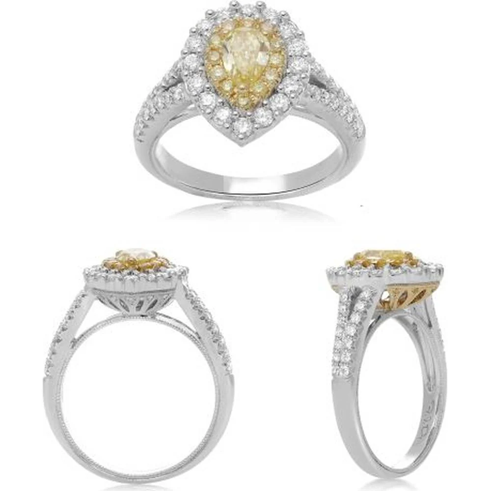 Roman & Jules - 18K White & Yellow Gold Pear Shape Fancy Yellow Diamond Ring with Round Diamonds - 1.13 Carat Total Diamond Weight