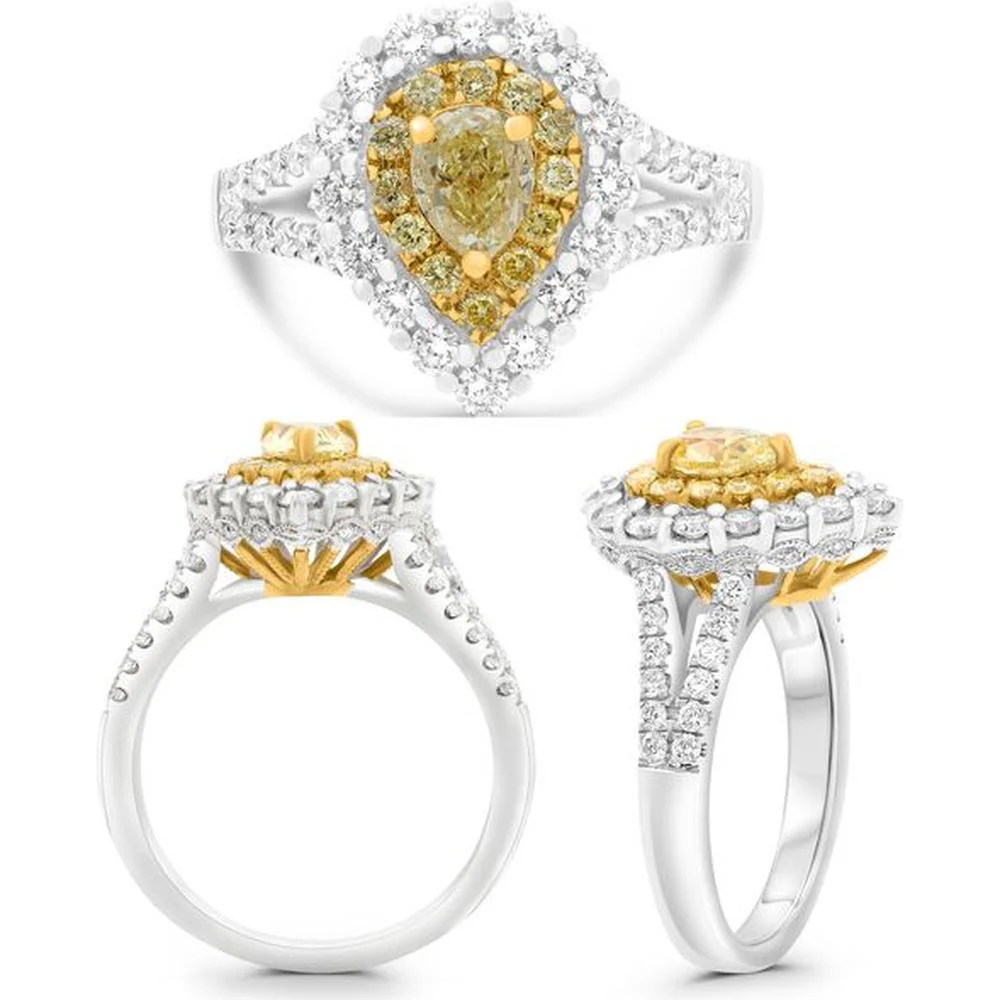 Roman & Jules - 18K White and Yellow Gold Pear Shape Fancy Yellow Diamond Ring with Round Diamonds - 1.66 Carat Total Diamond Weight
