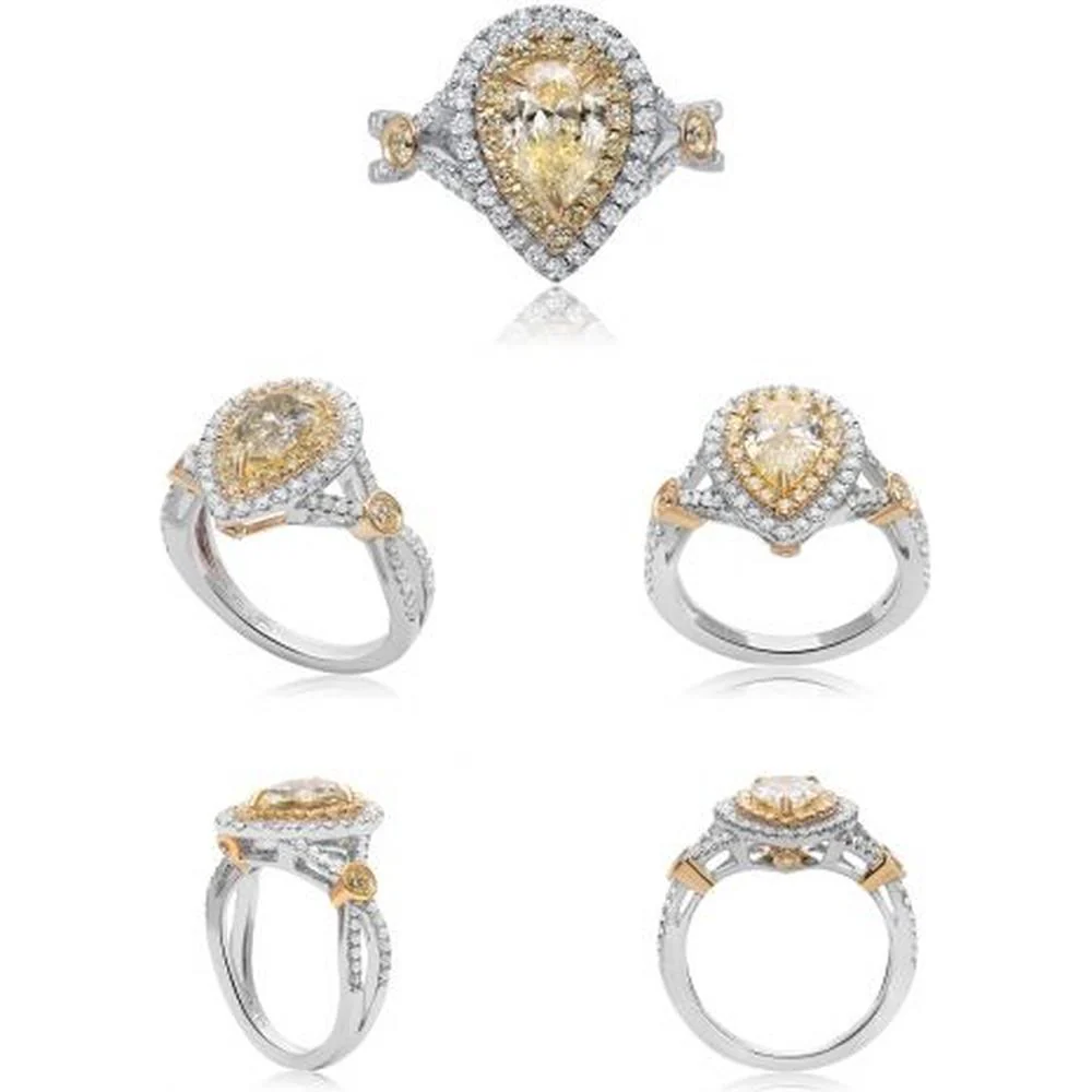Roman & Jules - 18K White and Yellow Gold Pear Shape Fancy Yellow Diamond Ring with Round Diamonds - 1.97 Carat Total Diamond Weight