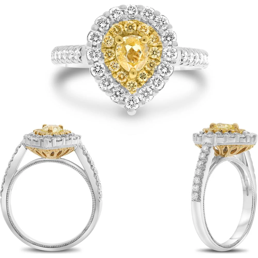 Roman & Jules - 18K White and Yellow Gold Pear Shape Fancy Yellow Diamond Ring with Round White Diamonds - 0.65 Carat Total Diamond Weight