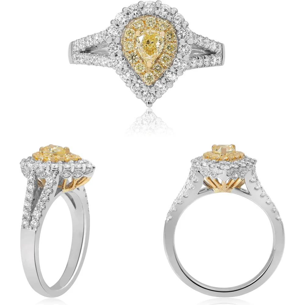Roman & Jules - 18K White and Yellow Gold Pear-Shaped Yellow and White Diamond Split Shank Ring - 0.46 Carat Total Diamond Weight