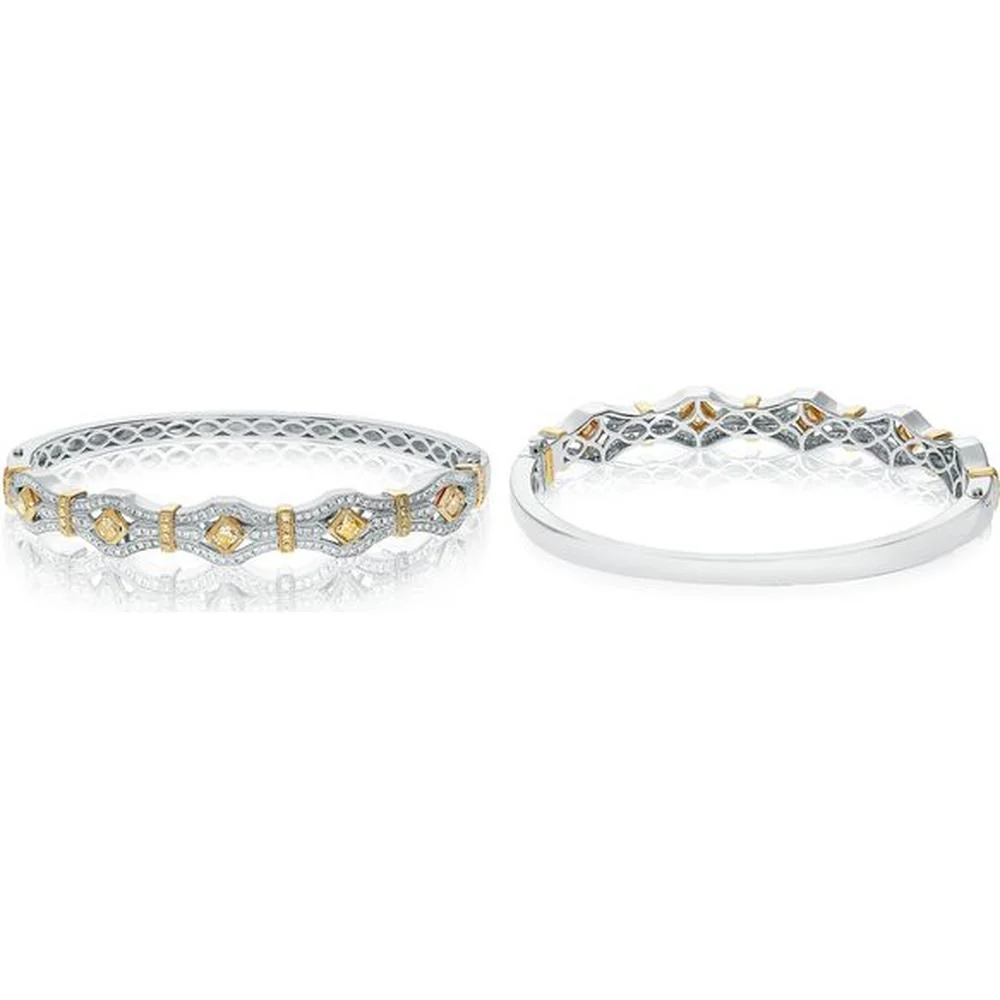 Roman & Jules - 18K White & Yellow Gold Radiant Bangle with 0.66 Carat Round Diamonds & 0.83 Carat Radiant Cut Fancy Yellow Diamonds
