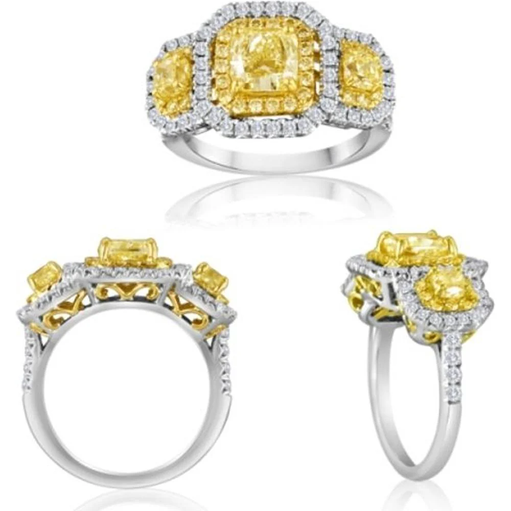 Roman & Jules - 18K White and Yellow Gold Radiant Cut Fancy Yellow Diamond Halo Ring with Round White Diamonds - 1.11 Carat Total Diamond Weight
