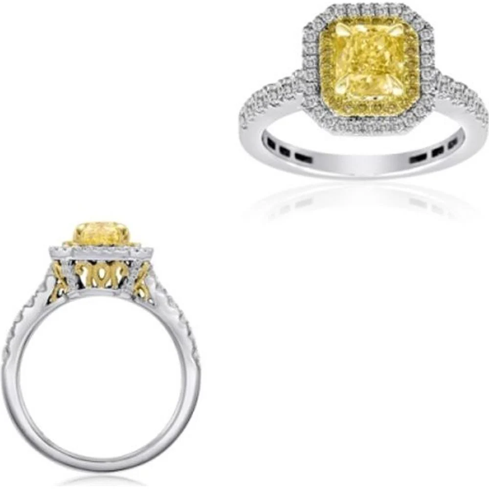 Roman & Jules - 18K White and Yellow Gold Radiant Cut Fancy Yellow Diamond Ring - 1.02 Carat Total Diamond Weight