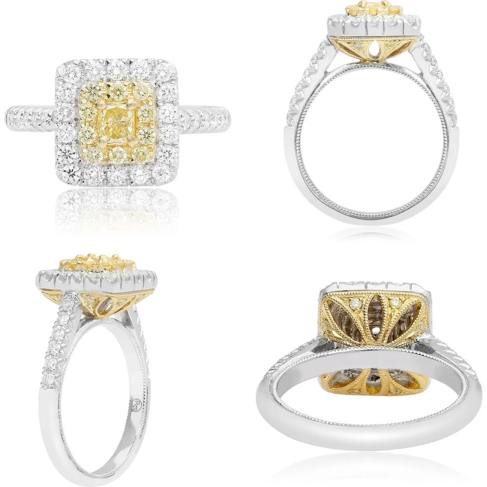 Roman & Jules - 18K White and Yellow Gold Radiant Cut Fancy Yellow Diamond Ring with Diamond Halo - 0.56 Carat Total Diamond Weight