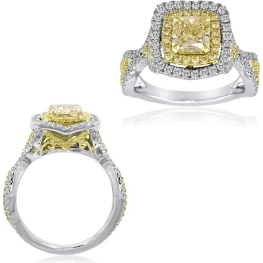 Roman & Jules - 18K White and Yellow Gold Radiant Cut Fancy Yellow Diamond Ring with Double Halo - 1.62 Carat Total Diamond Weight