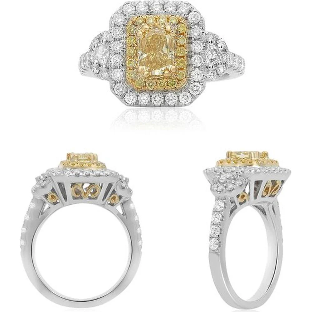 Roman & Jules - 18K White and Yellow Gold Radiant Cut Fancy Yellow Diamond Ring with Round Diamond Halo - 0.88 Carat Total Diamond Weight