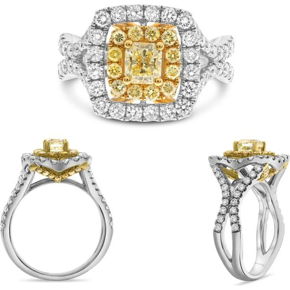 Roman & Jules - 18K White and Yellow Gold Radiant Cut Fancy Yellow Diamond Ring with Round White Diamonds - 1.11 Carat Total Diamond Weight