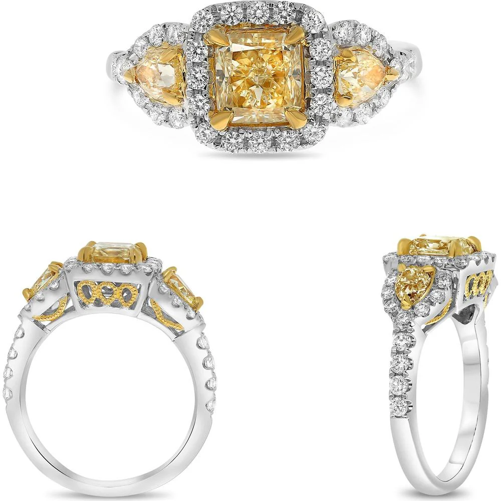 Roman & Jules - 18K White and Yellow Gold Radiant Cut Yellow Diamond Ring with Pear Shape and Round Diamonds - 2.40 Carat Total Diamond Weight
