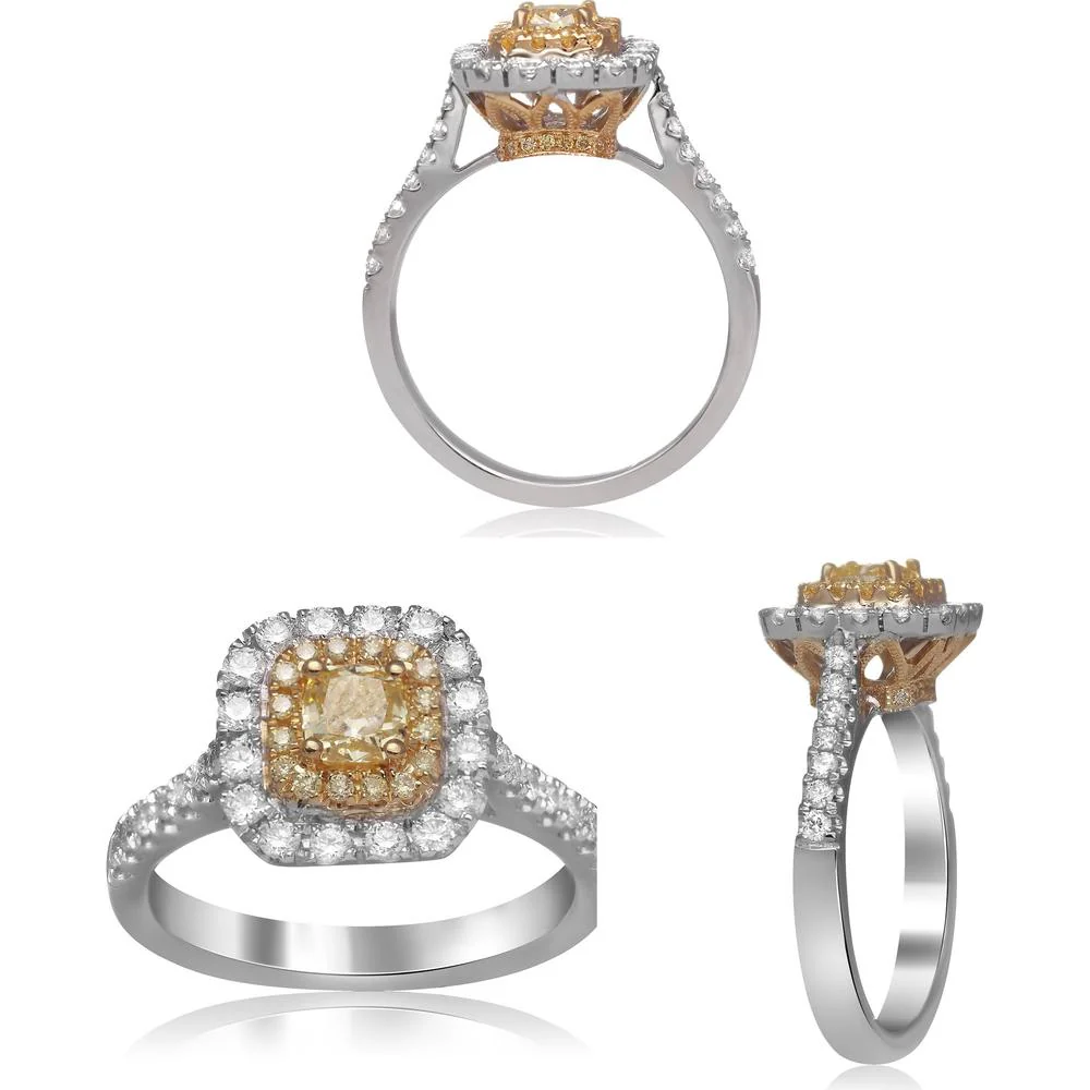 Roman & Jules - 18K White and Yellow Gold Radiant Fancy Yellow Diamond Halo Ring - 0.61 Carat Total Diamond Weight