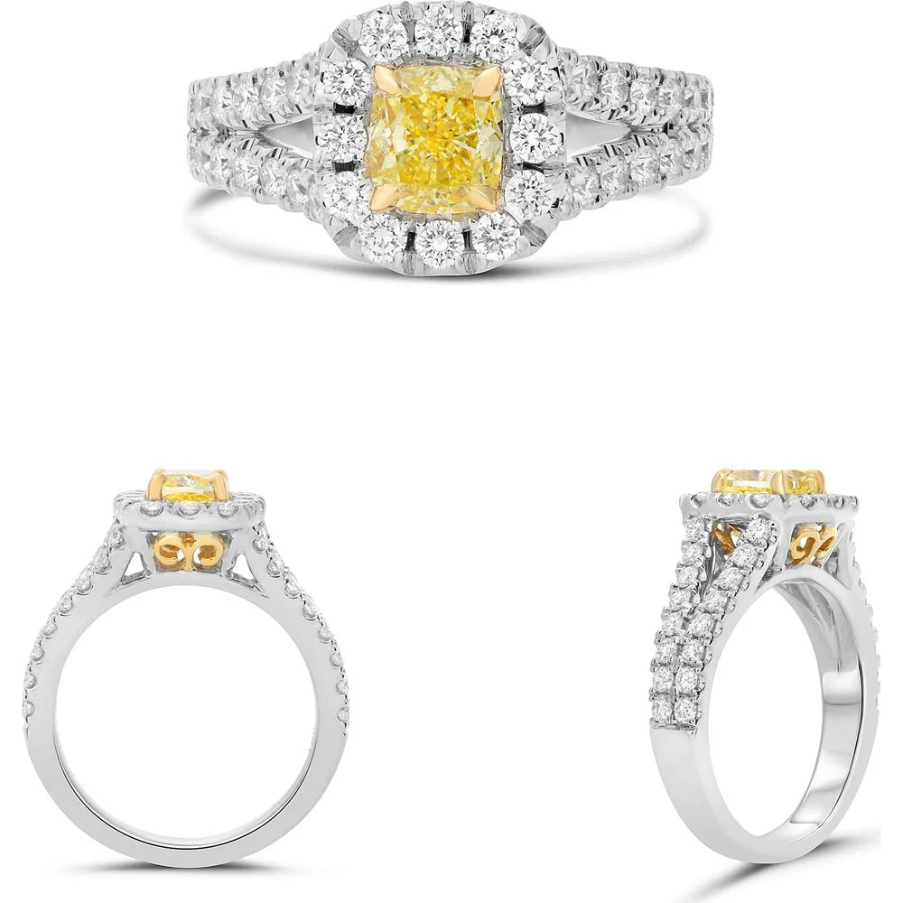Roman & Jules - 18K White and Yellow Gold Radiant Fancy Yellow Diamond Halo Ring - 0.75 Carat Total Diamond Weight