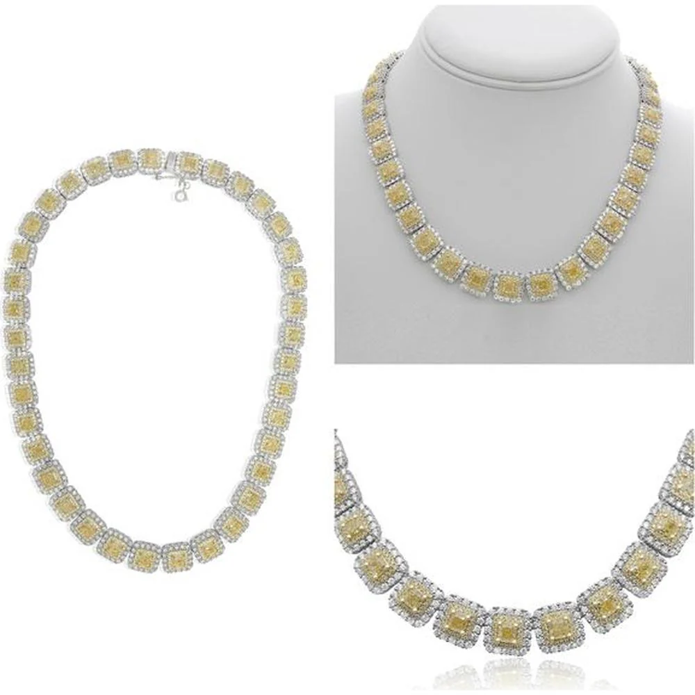 Roman & Jules - 18K White and Yellow Gold Radiant Fancy Yellow Diamond Necklace - 12.43 Carat Total Diamond Weight
