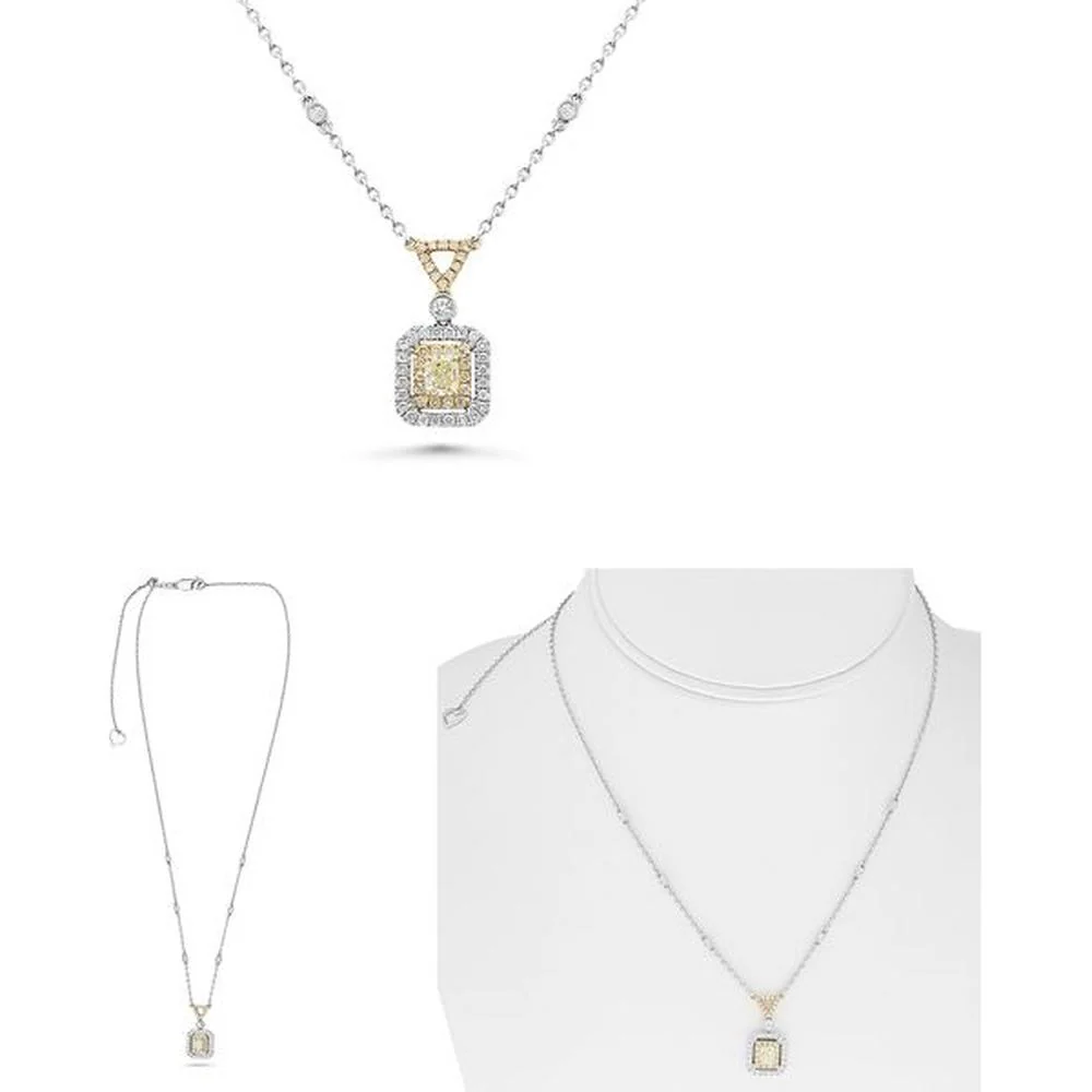 Roman & Jules - 18K White and Yellow Gold Radiant Fancy Yellow Diamond Necklace with Round Diamond Halo - 1.07 Carat Total Diamond Weight