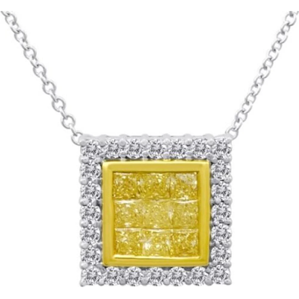 Roman & Jules - 18K White and Yellow Gold Radiant Fancy Yellow Diamond Pendant with Cluster Design and Round White Diamonds - 0.58 Carat Total Diamond Weight