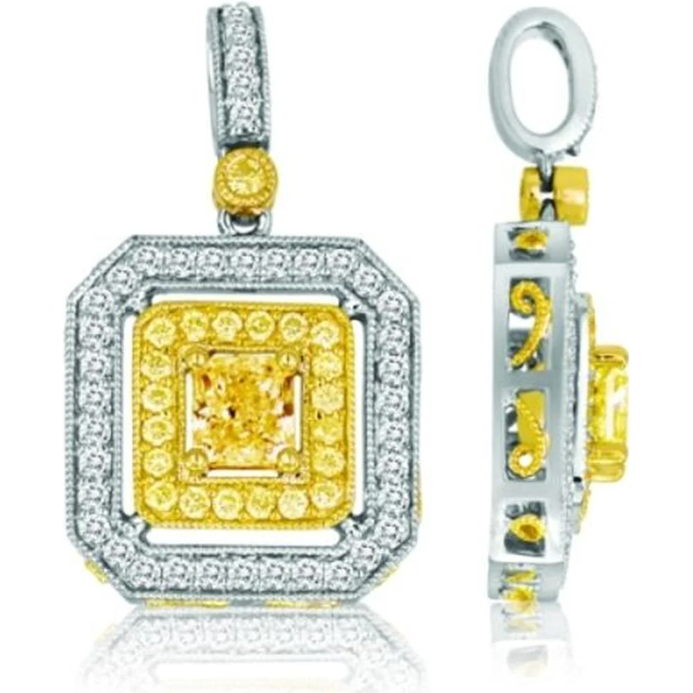 Roman & Jules - 18K White and Yellow Gold Radiant Fancy Yellow Diamond Pendant with Round and Radiant Cut Diamonds - 0.79 Carat Total Diamond Weight