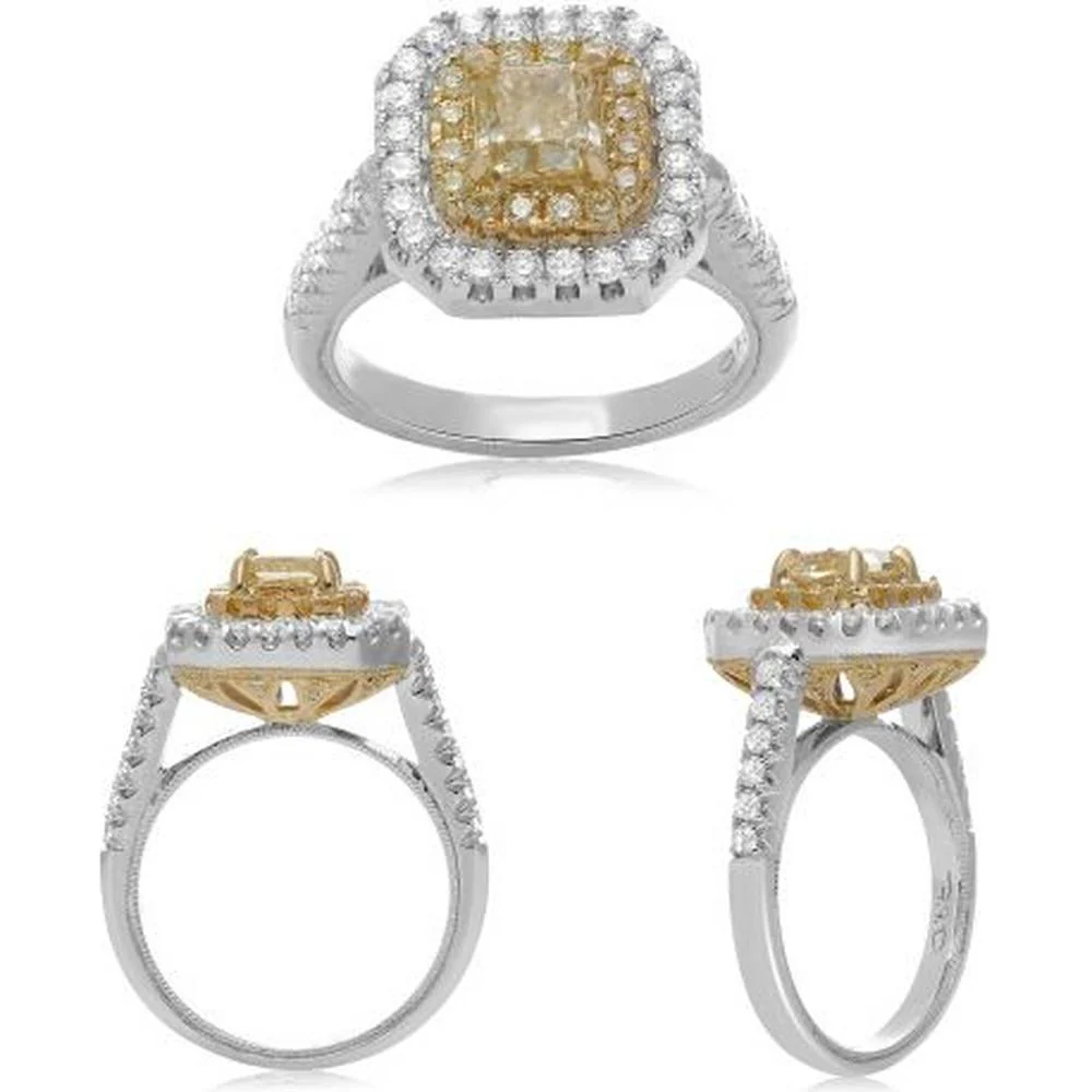 Roman & Jules - 18K White & Yellow Gold Radiant Fancy Yellow Diamond Ring - 1.02 Carat Total Diamond Weight
