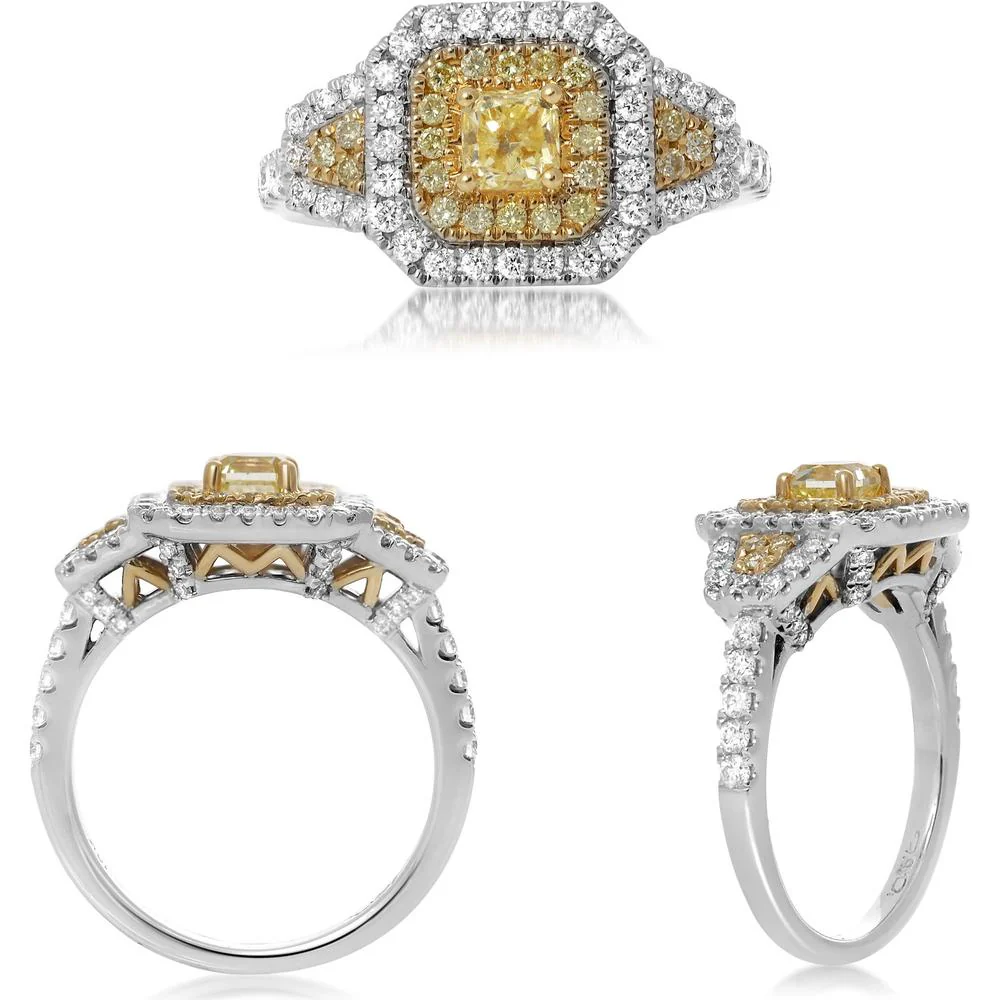 Roman & Jules - 18K White and Yellow Gold Radiant Fancy Yellow Diamond Ring with Diamond Halo - 1.30 Carat Total Diamond Weight