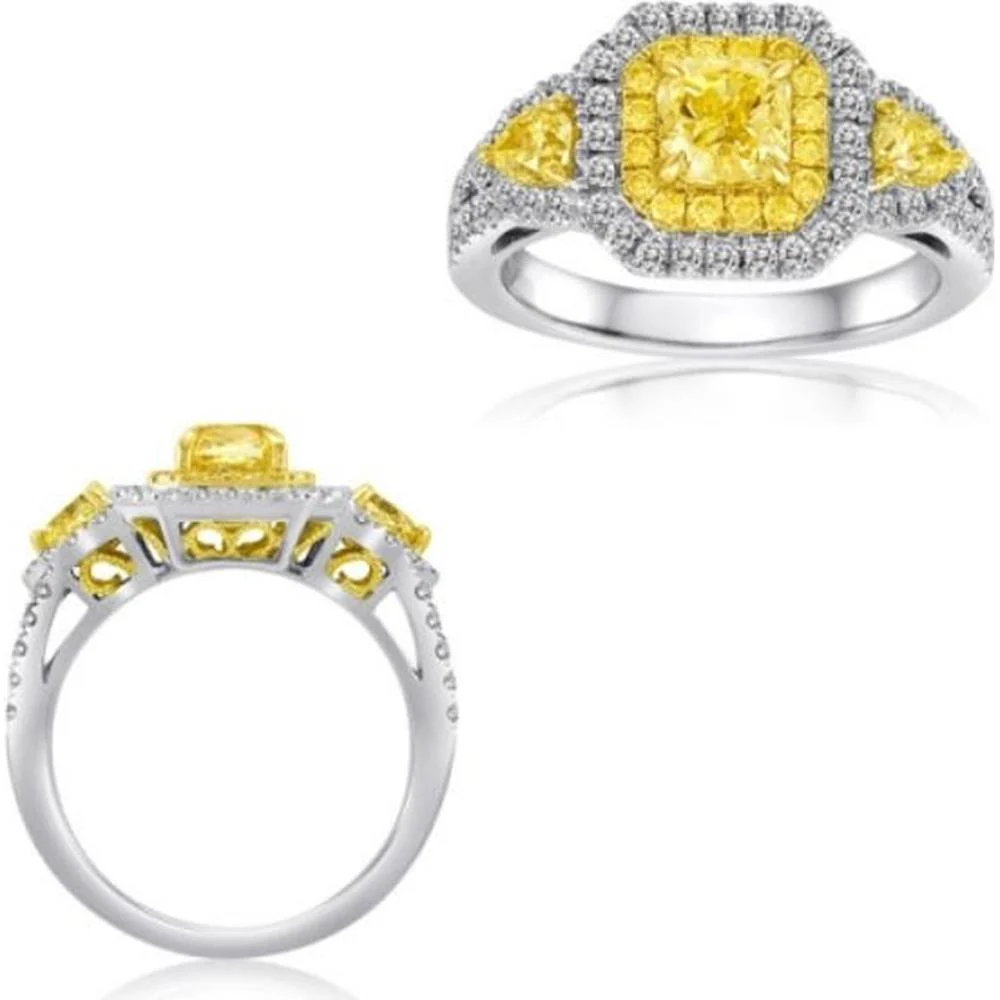 Roman & Jules - 18K White and Yellow Gold Radiant Fancy Yellow Diamond Ring with Halo and Pear-Shaped Diamonds - 1.01 Carat Total Diamond Weight