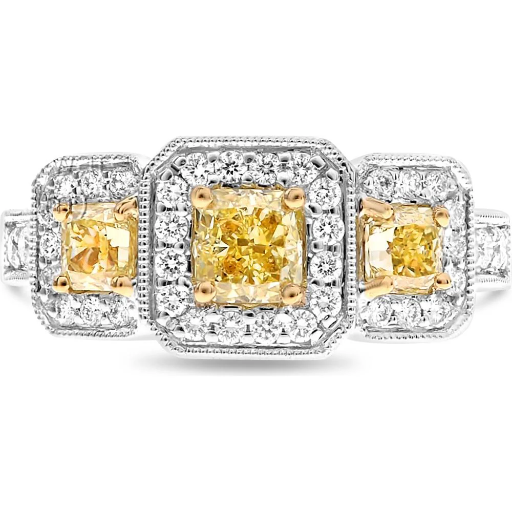 Roman & Jules - 18K White and Yellow Gold Radiant Fancy Yellow Diamond Ring with Halo Design - 1.97 Carat Total Diamond Weight