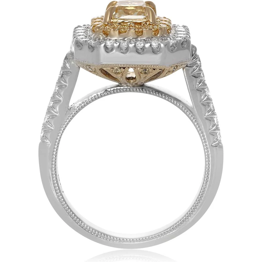 Roman & Jules - 18K White and Yellow Gold Radiant Fancy Yellow Diamond Ring with Round Diamond Accent - 0.87 Carat Total Diamond Weight
