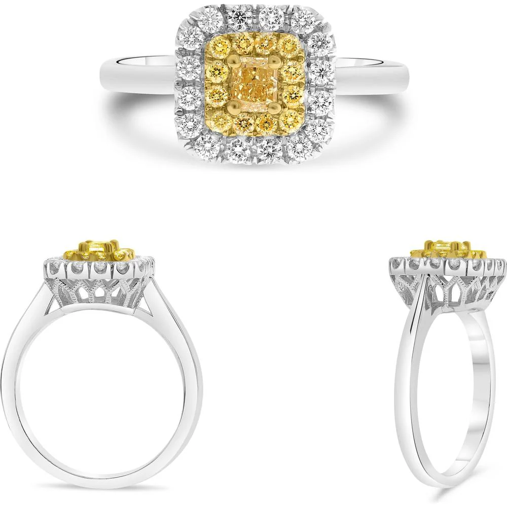 Roman & Jules - 18K White and Yellow Gold Radiant Fancy Yellow Diamond Ring with Round Diamond Halo - 0.29 Carat Total Diamond Weight
