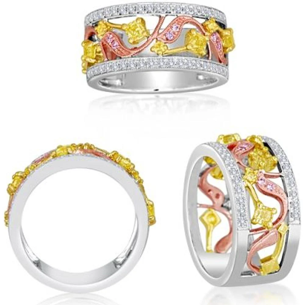 Roman & Jules - 18K White, Yellow and Rose Gold Radiant Fancy Yellow Diamond Ring with Round Diamonds - 0.53 Carat Total Diamond Weight