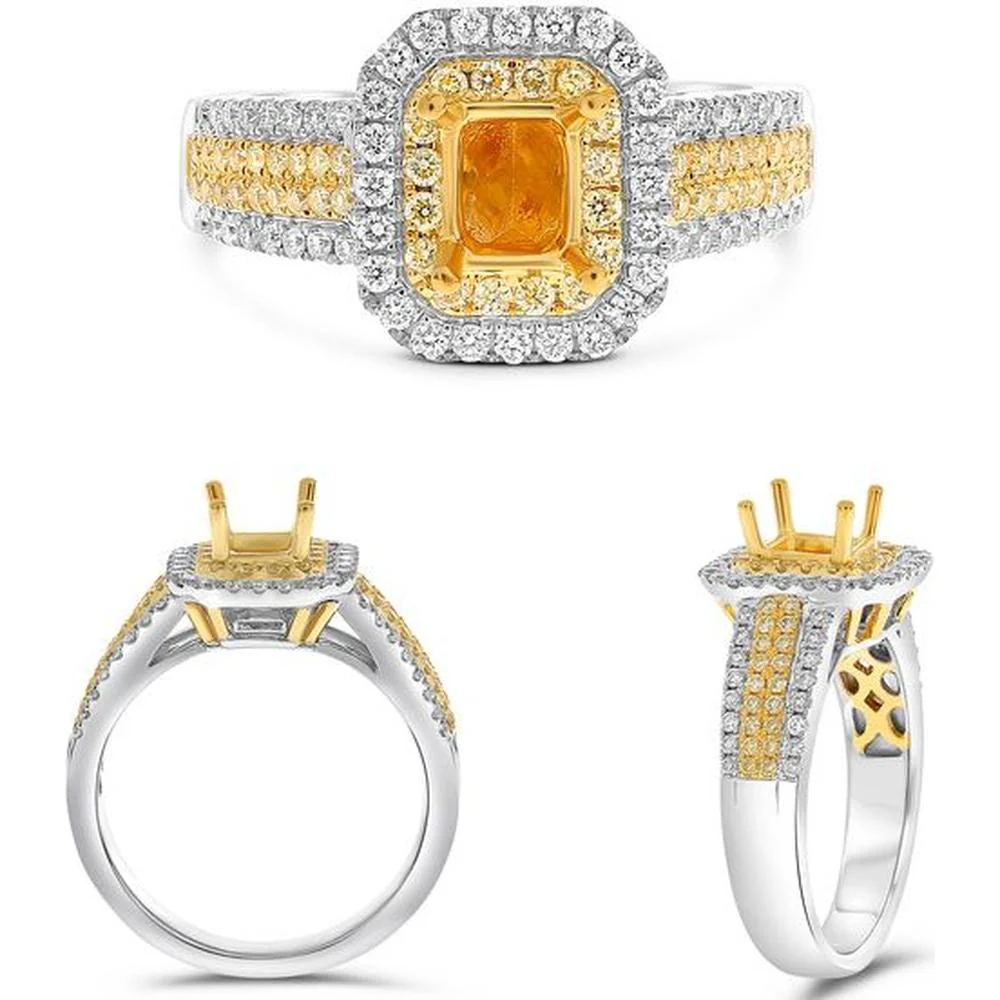 Roman & Jules - 18K White and Yellow Gold Radiant Fancy Yellow Diamond Ring with Round Diamonds - 0.65 Carat Total Diamond Weight