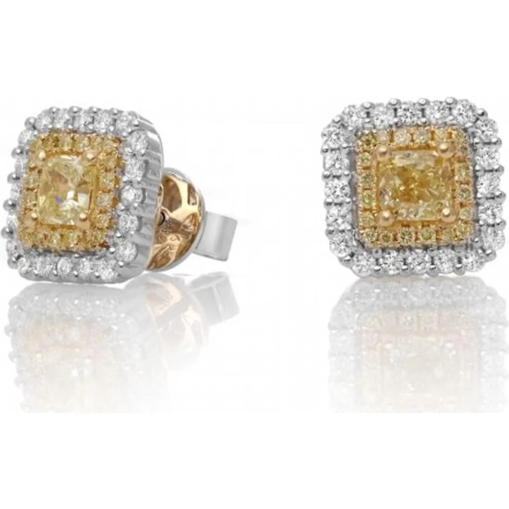 Roman & Jules - 18K White and Yellow Gold Radiant Fancy Yellow Diamond Stud Earrings - 0.67 Carat Total Diamond Weight