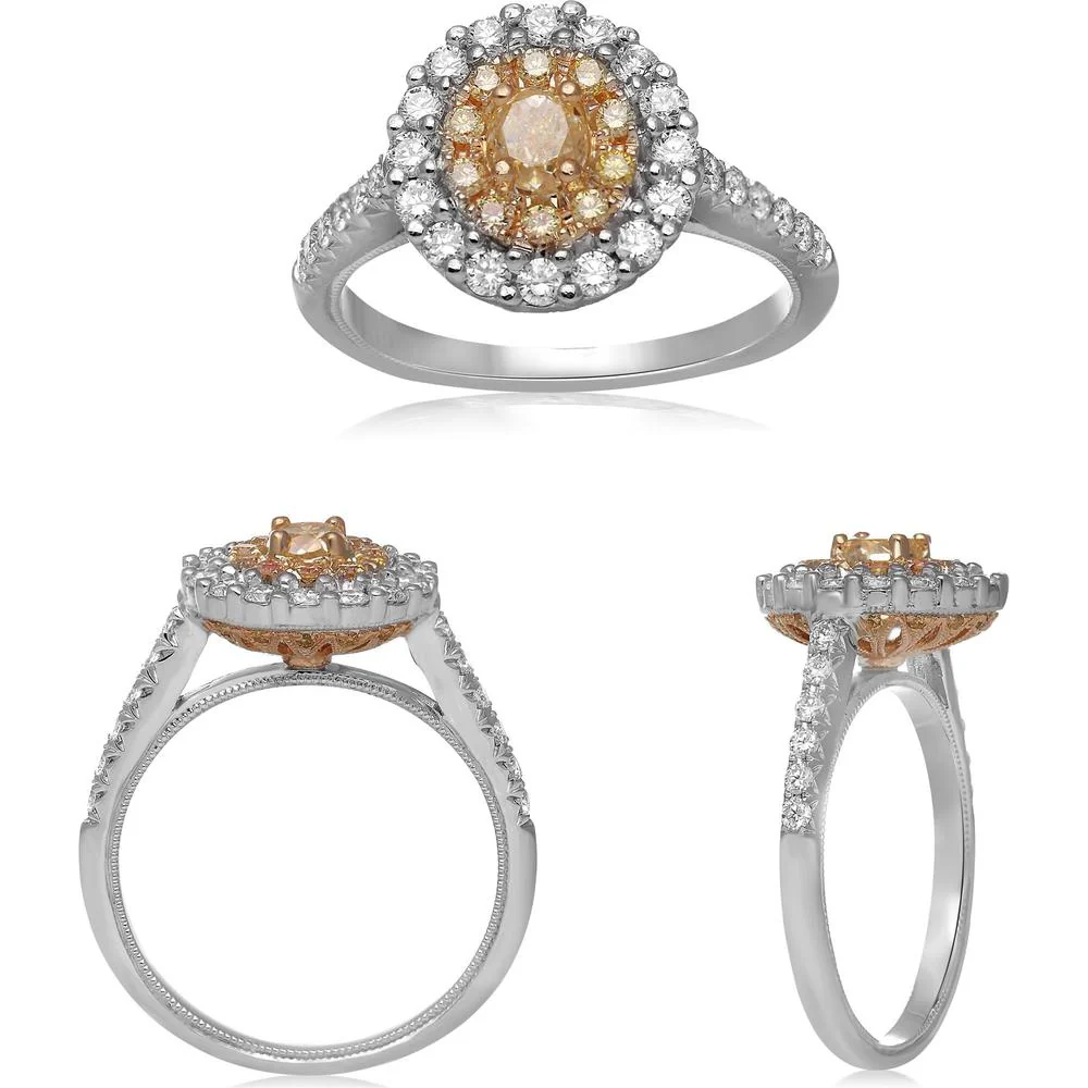 Roman & Jules - 18K White & Yellow Gold Round Double Halo Ring with Fancy Yellow & Round Diamonds - 1.08 Carat Total Diamond Weight