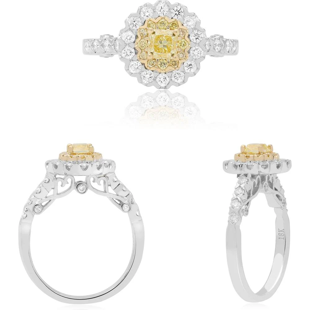 Roman & Jules - 18K White and Yellow Gold Round Fancy Yellow Diamond Halo Ring with White Diamonds - 0.62 Carat Total Diamond Weight
