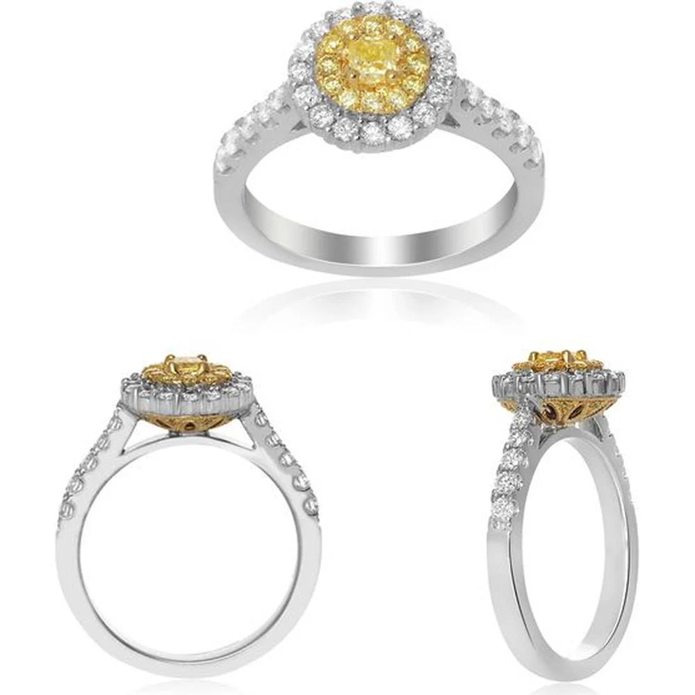 Roman & Jules - 18K White & Yellow Gold Round Fancy Yellow Diamond Ring with Diamond Halo - 0.72 Carat Total Diamond Weight
