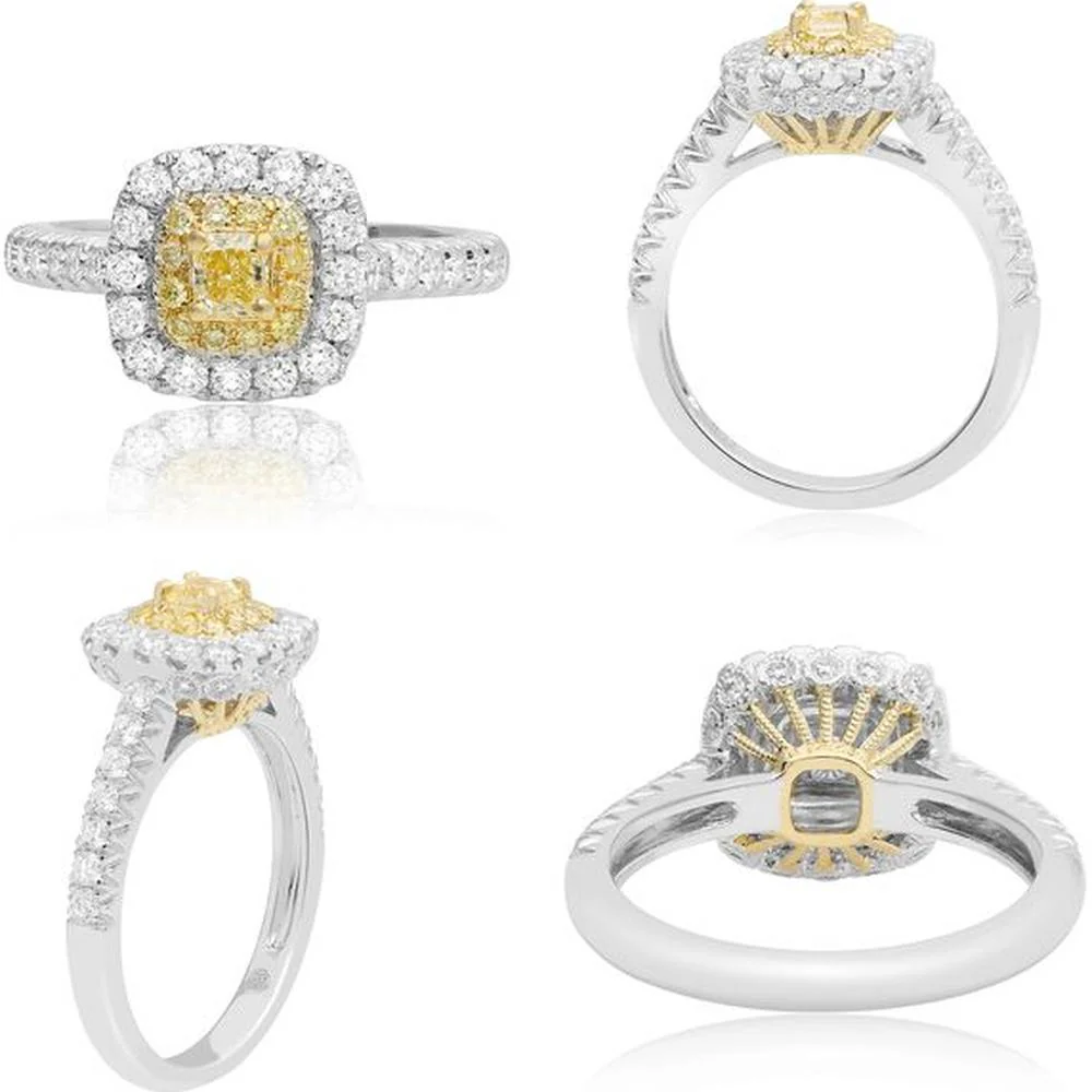 Roman & Jules - 18K White and Yellow Gold Round Fancy Yellow Diamond Ring with Halo of White Diamonds - 1.07 Carat Total Diamond Weight