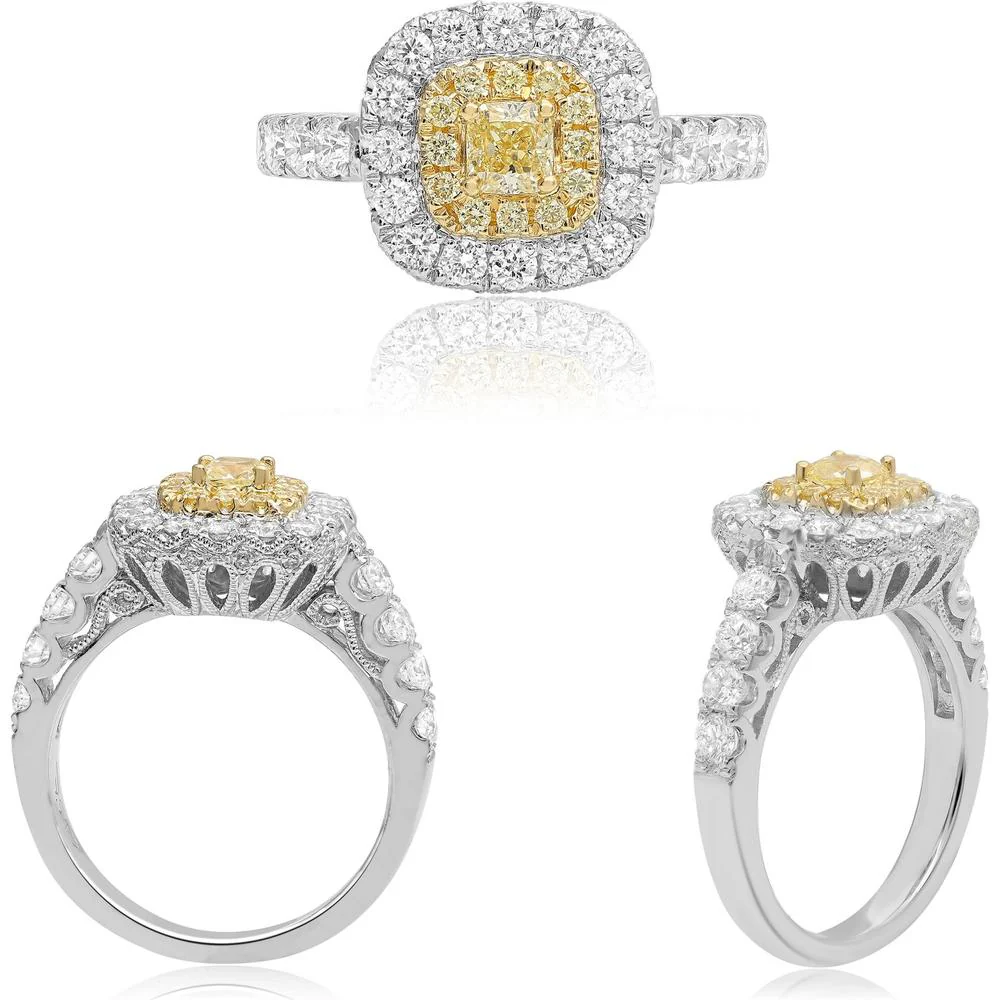 Roman & Jules - 18K White & Yellow Gold Scallop Shank Yellow Diamond Halo Ring with Round Diamonds - 1.08 Carat Total Diamond Weight
