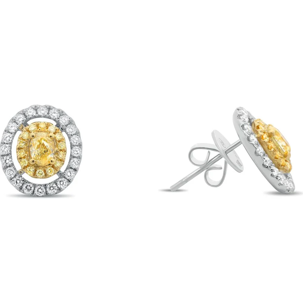 Roman & Jules - 18K White and Yellow Gold Split Halo Stud Earrings with Fancy Yellow and White Diamonds - 1.33 Carat Total Diamond Weight