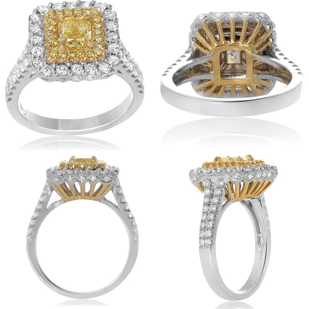Roman & Jules - 18K White and Yellow Gold Split Shank Cushion Cut Fancy Yellow Diamond Halo Ring - GIA Certified 0.91 Carat Total Diamond Weight
