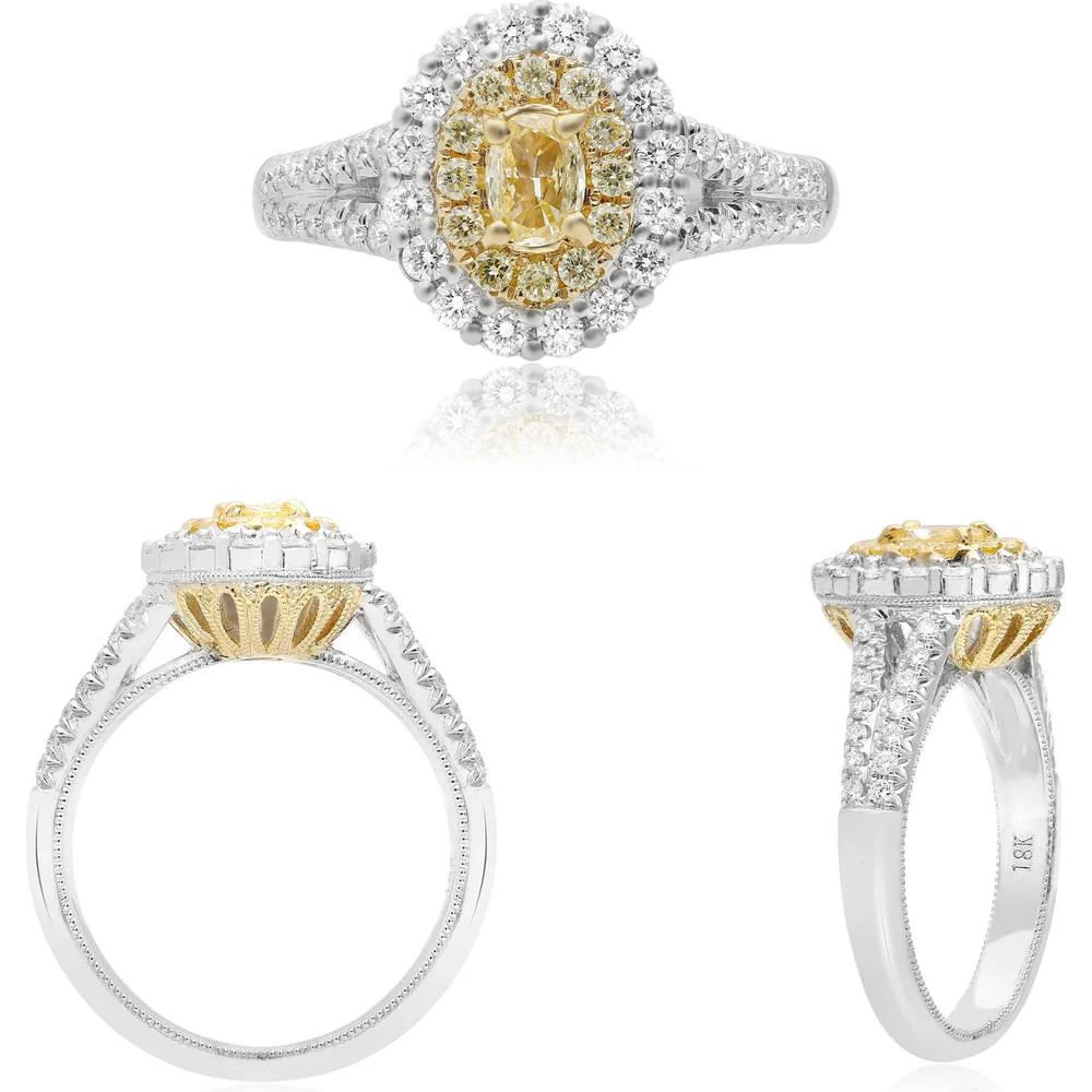 Roman & Jules - 18K White and Yellow Gold Split Shank Diamond Ring with Oval Fancy Yellow Diamond - 0.93 Carat Total Diamond Weight