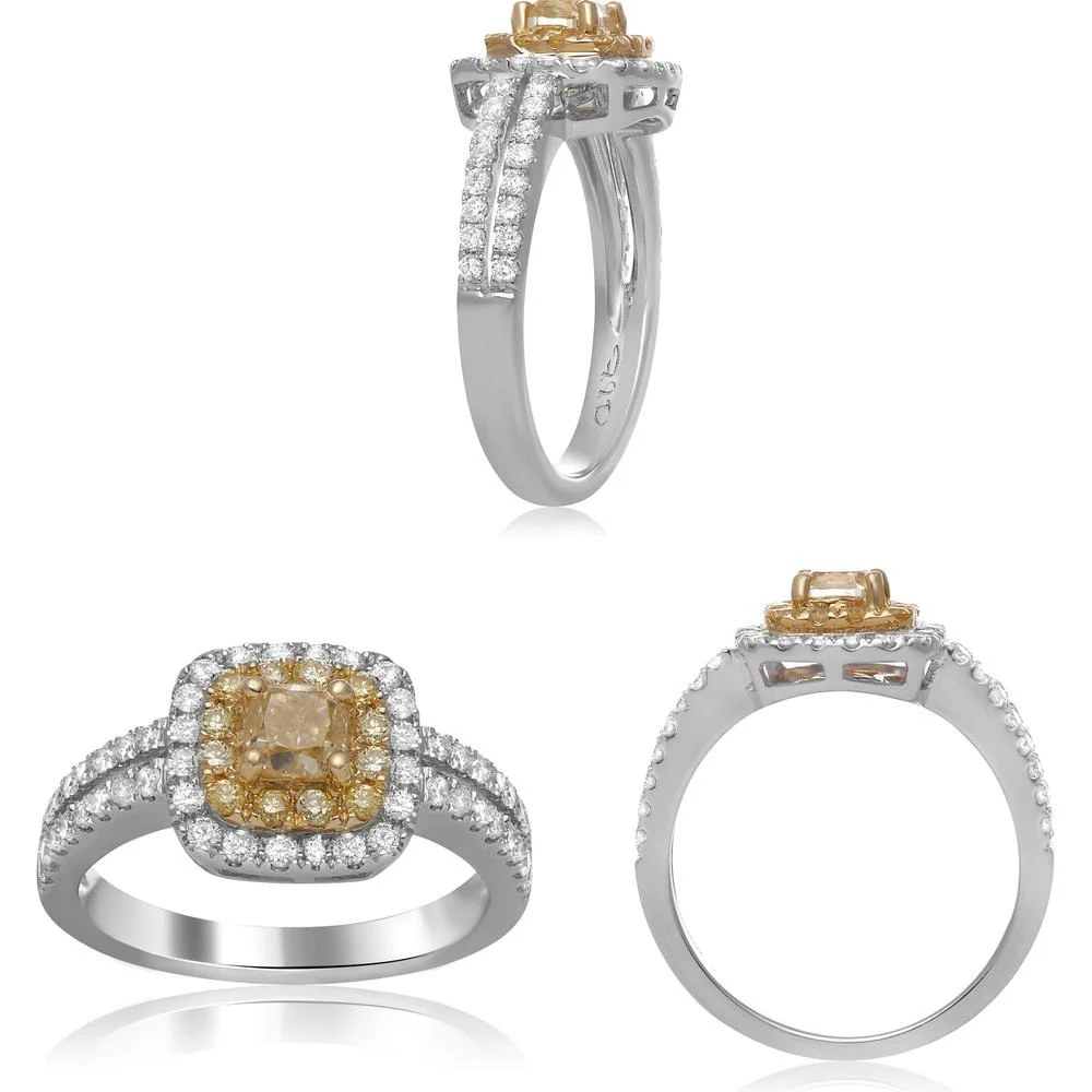 Roman & Jules - 18K White and Yellow Gold Stacked Pave Yellow Diamond Ring with Round Fancy Yellow Diamond - 0.68 Carat Total Diamond Weight