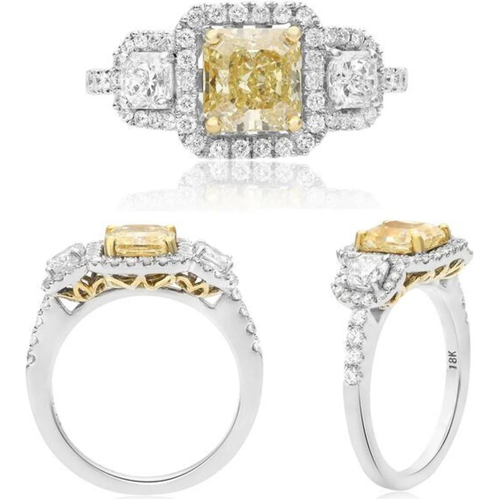 Roman & Jules - 18K White & Yellow Gold Three Stone Ring with Radiant Cut Fancy Yellow Diamond - 1.53 Carat Total Diamond Weight