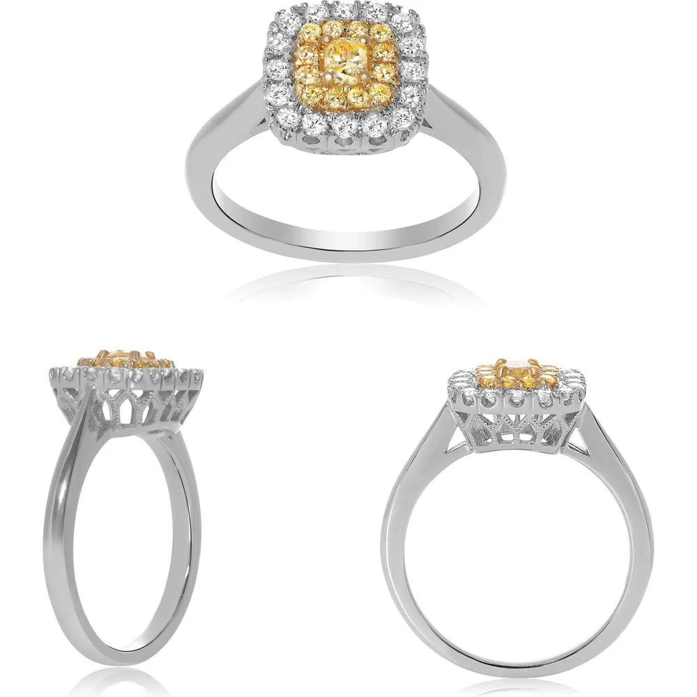 Roman & Jules - 18K White and Yellow Gold Two Tone Cushion Cut Diamond Ring with Round Fancy Yellow and White Diamonds - 0.58 Carat Total Diamond Weight