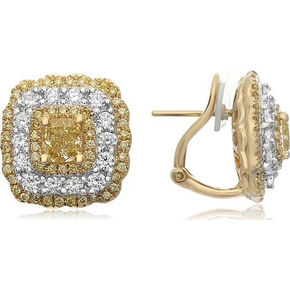 Roman & Jules - 18K White and Yellow Gold Two Tone Triple Halo Diamond Stud Earrings with Fancy Yellow Diamond - 1.24 Carat Total Diamond Weight