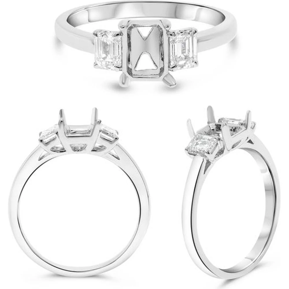 Roman & Jules - 18K White Gold 3-Stone Semi Mount Ring with Emerald Cut Diamonds - 0.50 Carat Total Diamond Weight