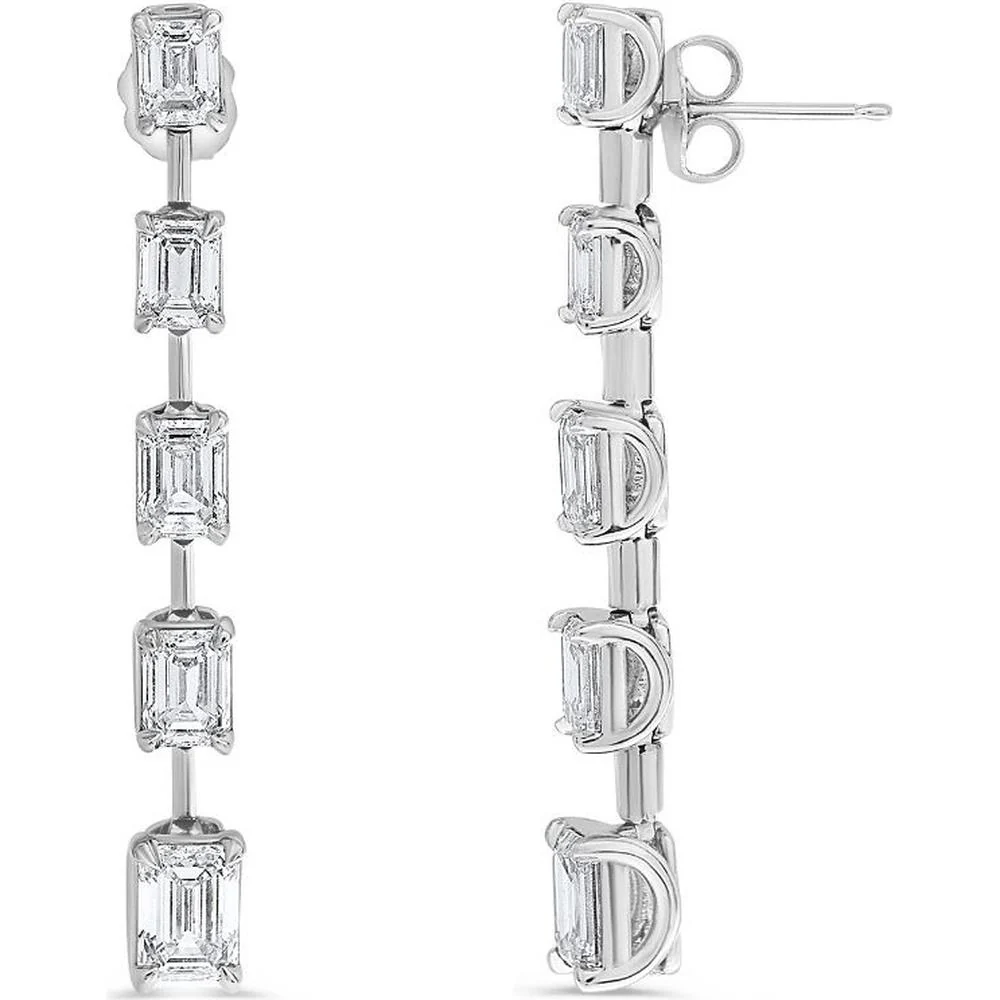 Roman & Jules - 18K White Gold 5 Emerald Cut Diamond Drop Earrings - 4.94 Carat Total Diamond Weight
