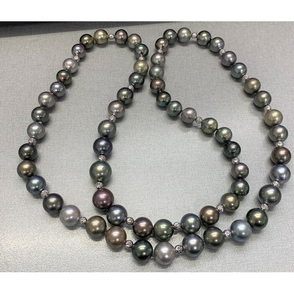 Roman & Jules - 18K White Gold 64" Multicolor Pearl Necklace with Round Diamond Accents - 0.26 Carat Diamonds, 14.0-11.3mm Pearls