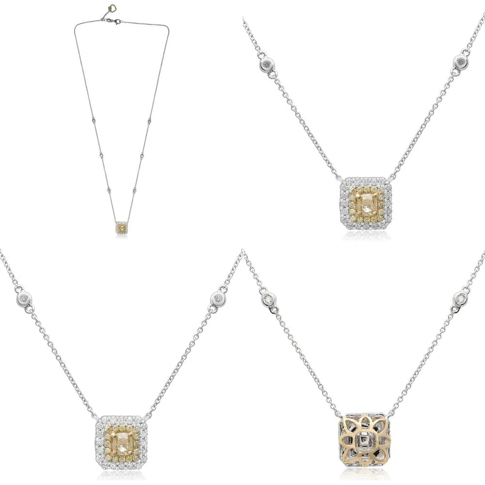 Roman & Jules - 18K White Gold and Yellow Gold Cushion-Cut Fancy Yellow Diamond Necklace with Round Diamond Halo - 0.51 Carat Total Diamond Weight